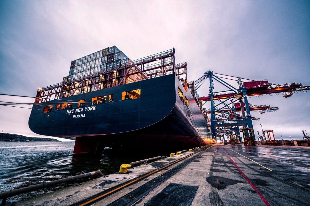 Ocean container ship carrying international freight at sea